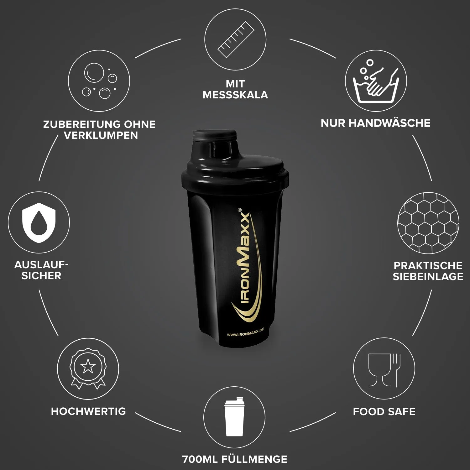 IronMaxx Shaker Black Gold 700ml mit Sieb