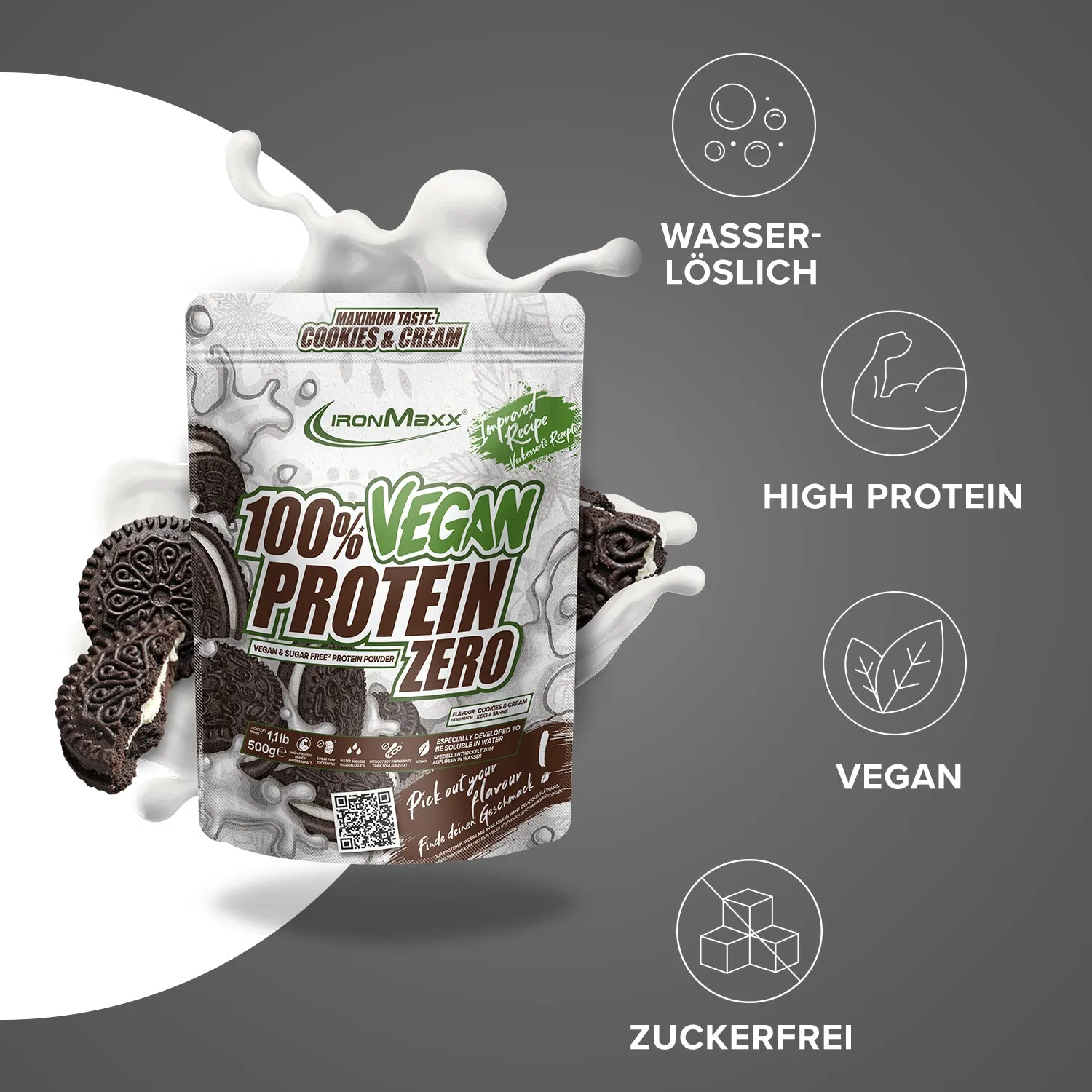 IronMaxx Vegan Protein Zero Pulver 500 g Cookies & Cream zuckerfrei