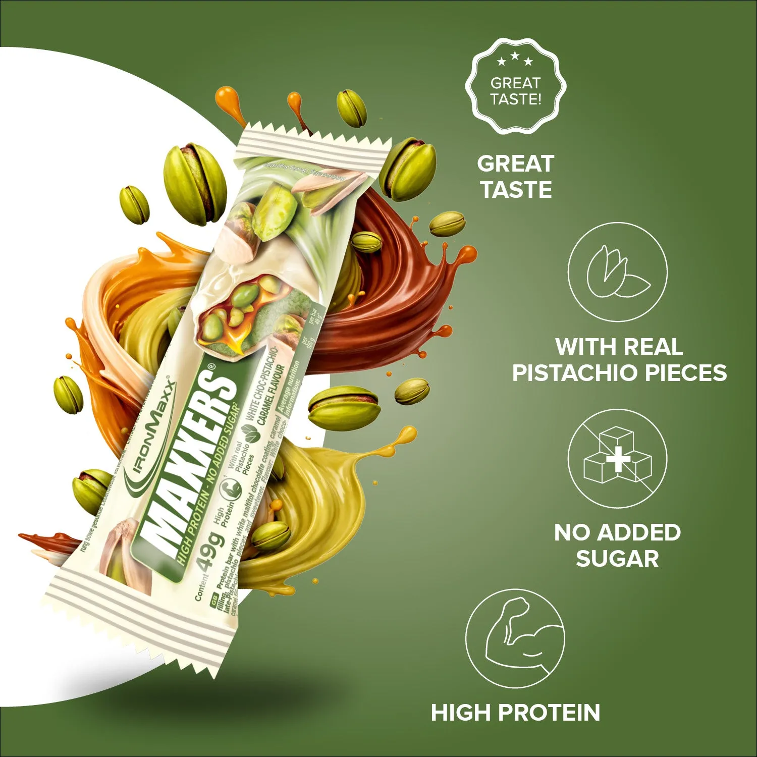 IronMaxx Maxxers Proteinriegel 49g White Choc Pistachio Caramel zuckerarm