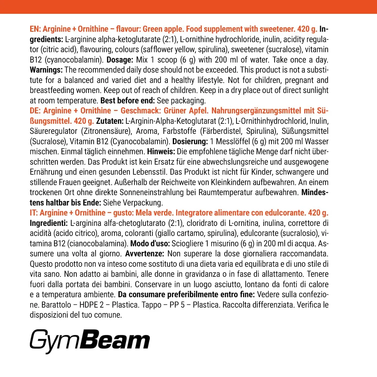 GymBeam L-Arginin + Ornithin 420 g Grüner Apfel