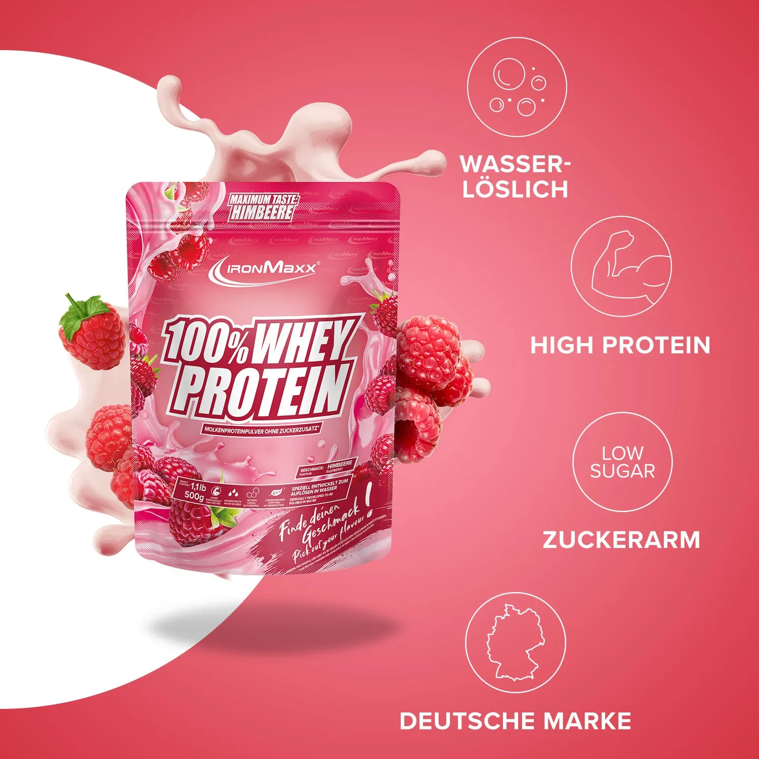 IronMaxx 100% Whey Protein Himbeere 500g fruchtig