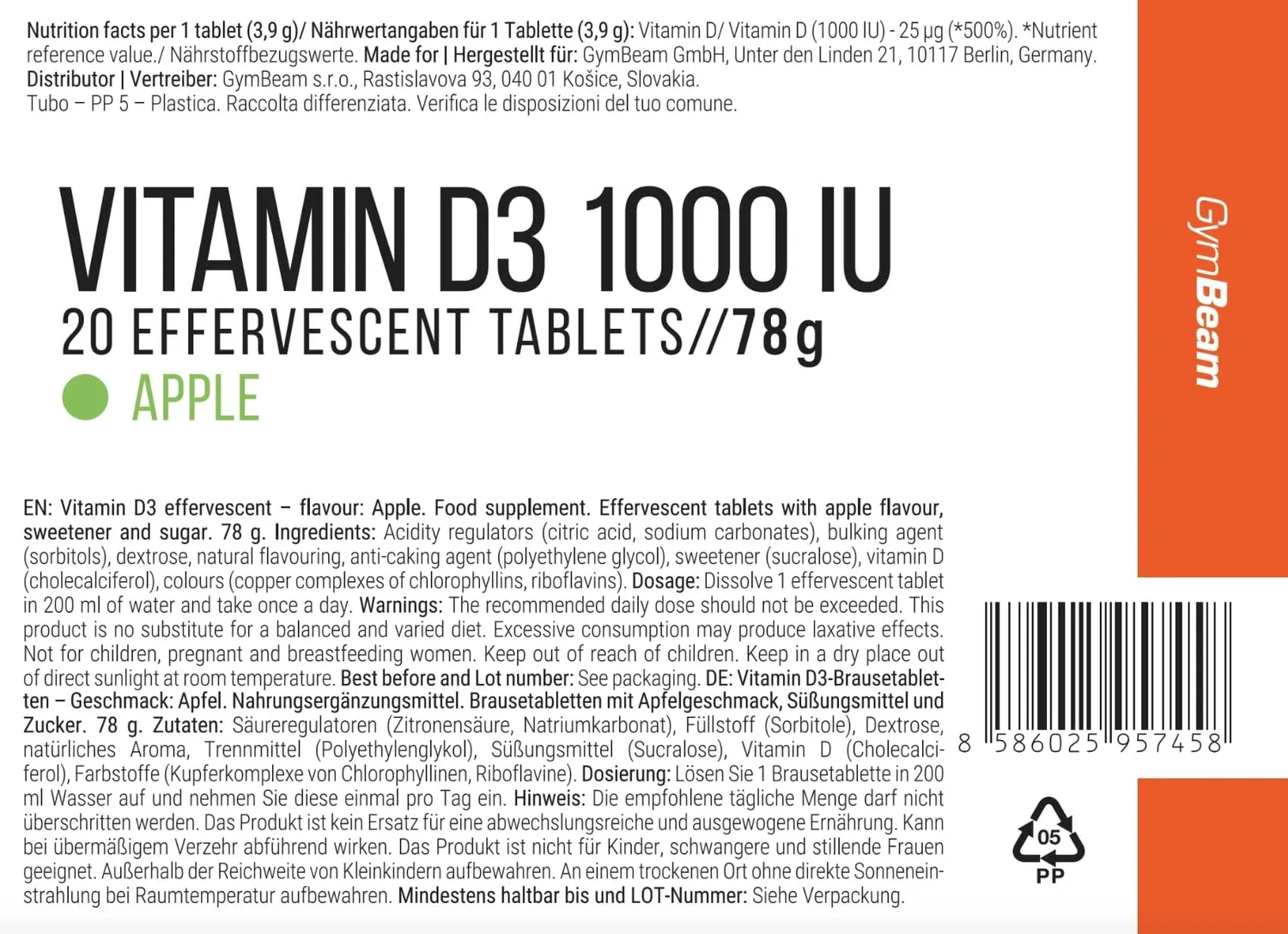 GymBeam Vitamin D3 Brausetabletten 1000 IE 20 Tabs Zitrone