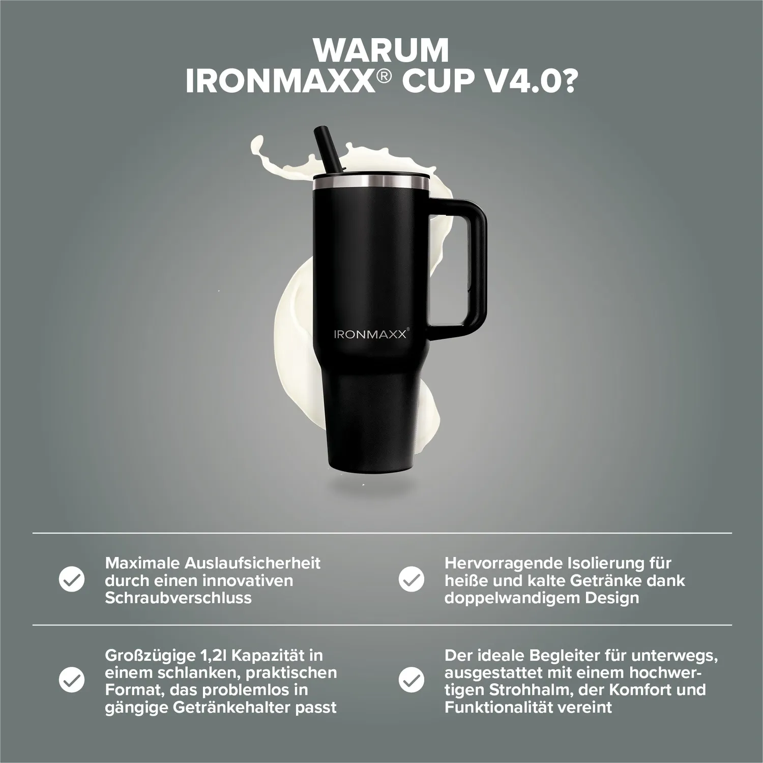 IronMaxx Cup V4.0 Thermobecher 1200ml Deep Black isoliert