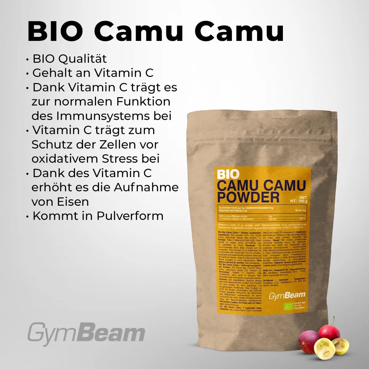 GymBeam Camu Camu Pulver Bio 100 g 200 mg Vitamin C