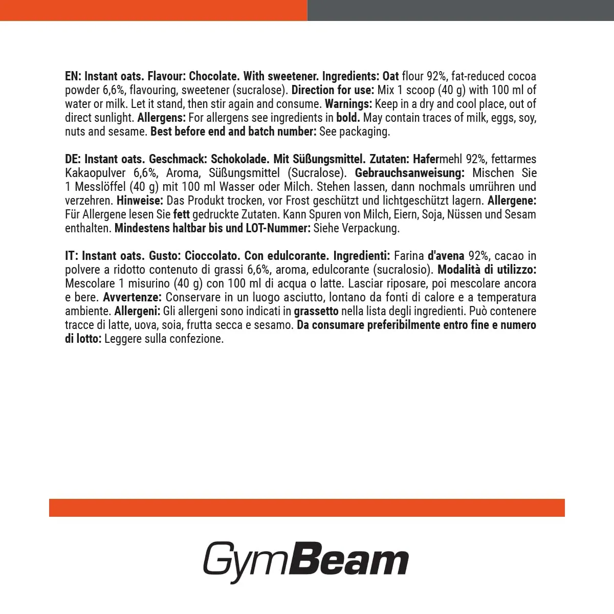 GymBeam Instant Haferflocken Chocolate 1000 g vegan