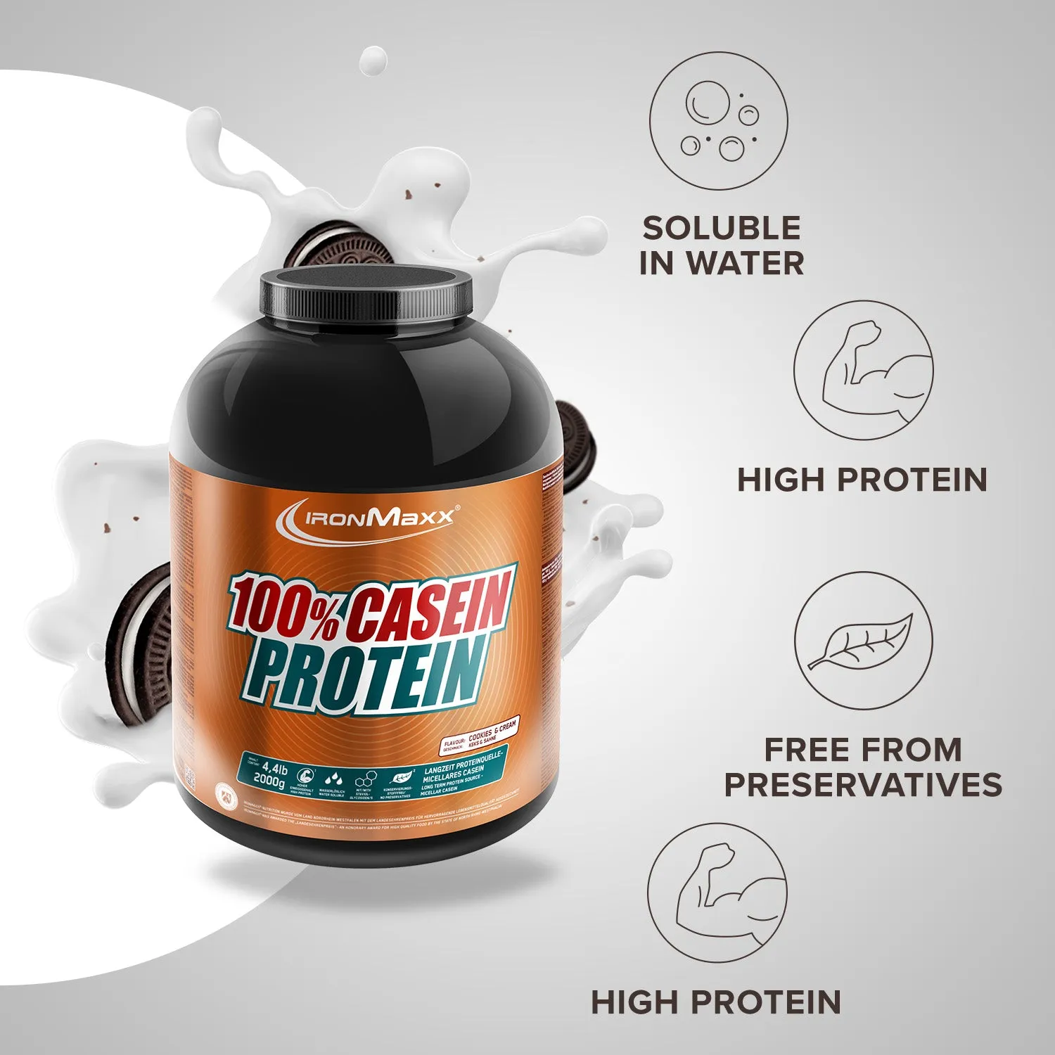 IronMaxx 100% Casein Protein 2000g Cookies Cream Nacht