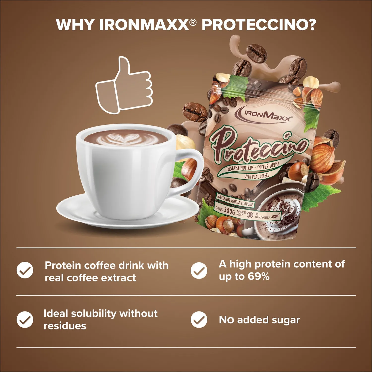 IronMaxx Proteccino Proteinpulver Haselnuss Mocha 500g mit Kaffee