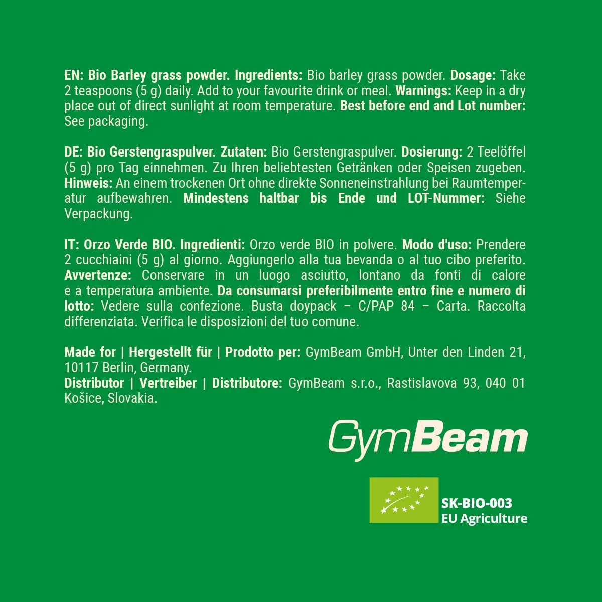 GymBeam BIO Gerstengras Pulver 200g für Smoothies