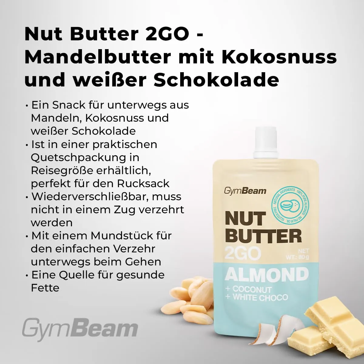 GymBeam 2GO Mandelbutter Kokos Mandelmus 45g weiße Schokolade