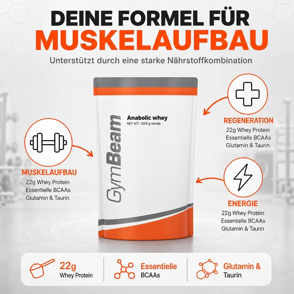 GymBeam Anabolic Whey Proteinpulver Erdbeere 1000 g 22 g Protein