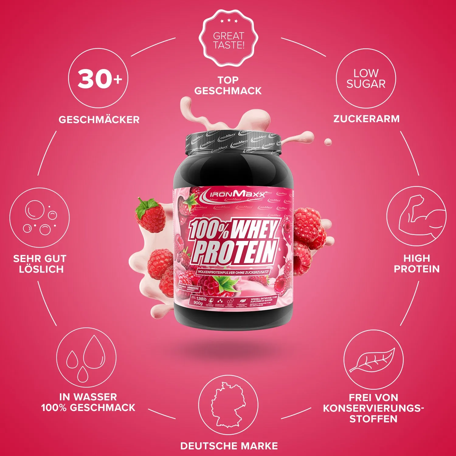 IronMaxx 100% Whey Protein Pulver 900g Himbeere Muskelaufbau