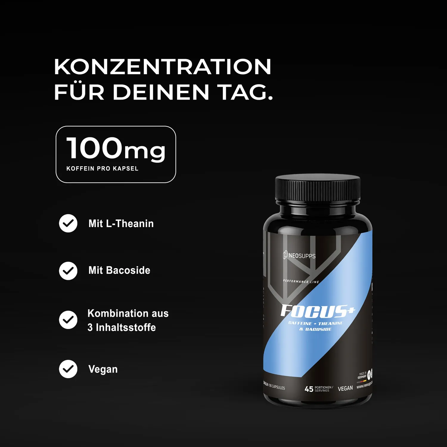 Neosupps Focus+ Booster Kapseln 90 Stück mit Koffein