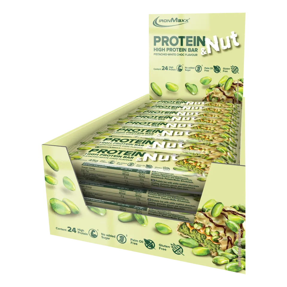 IronMaxx Protein & Nut Riegel 24x45g Pistachio White Choc