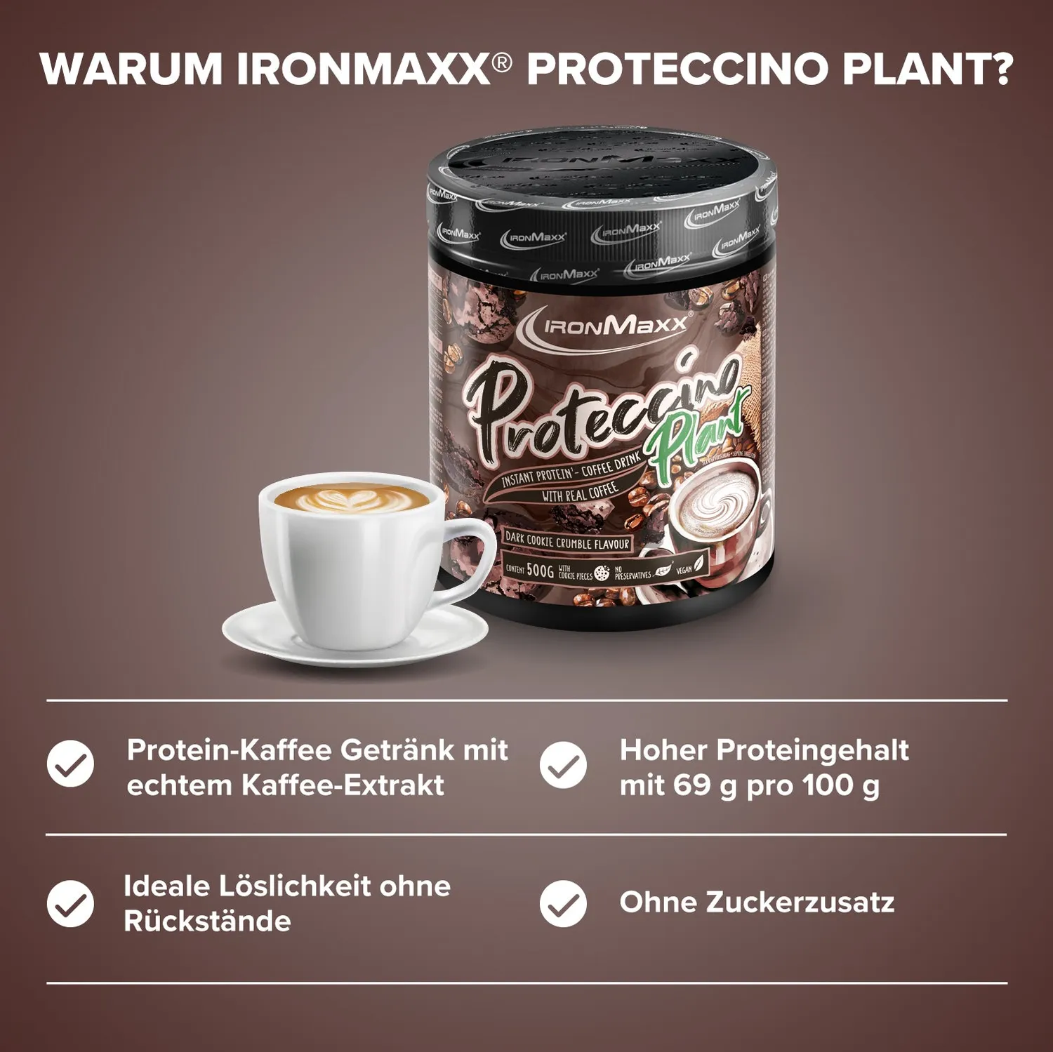 IronMaxx Proteccino Plant Proteinpulver 500g Dark Cookie Crumble vegan