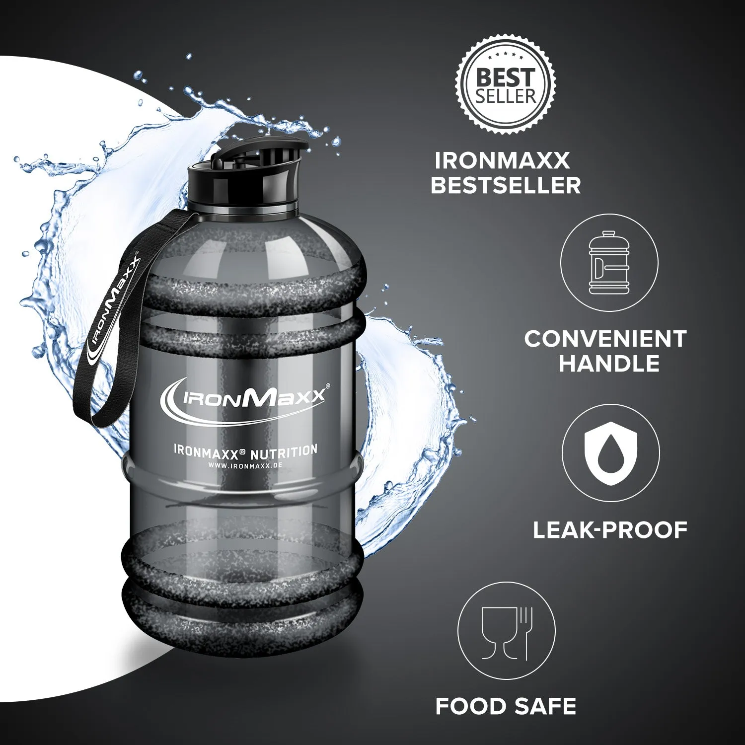 IronMaxx Water Gallon Trinkflasche 2200ml Grau BPA-frei