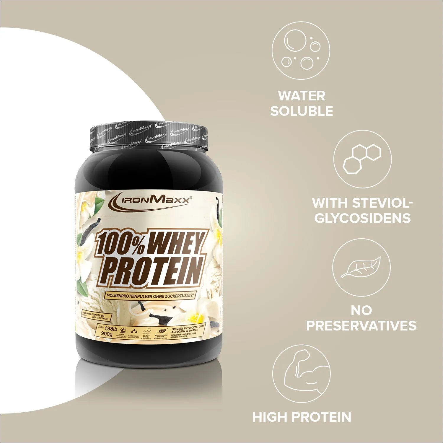 IronMaxx 100% Whey Protein 900g Vanilla Ice Cream zuckerfrei