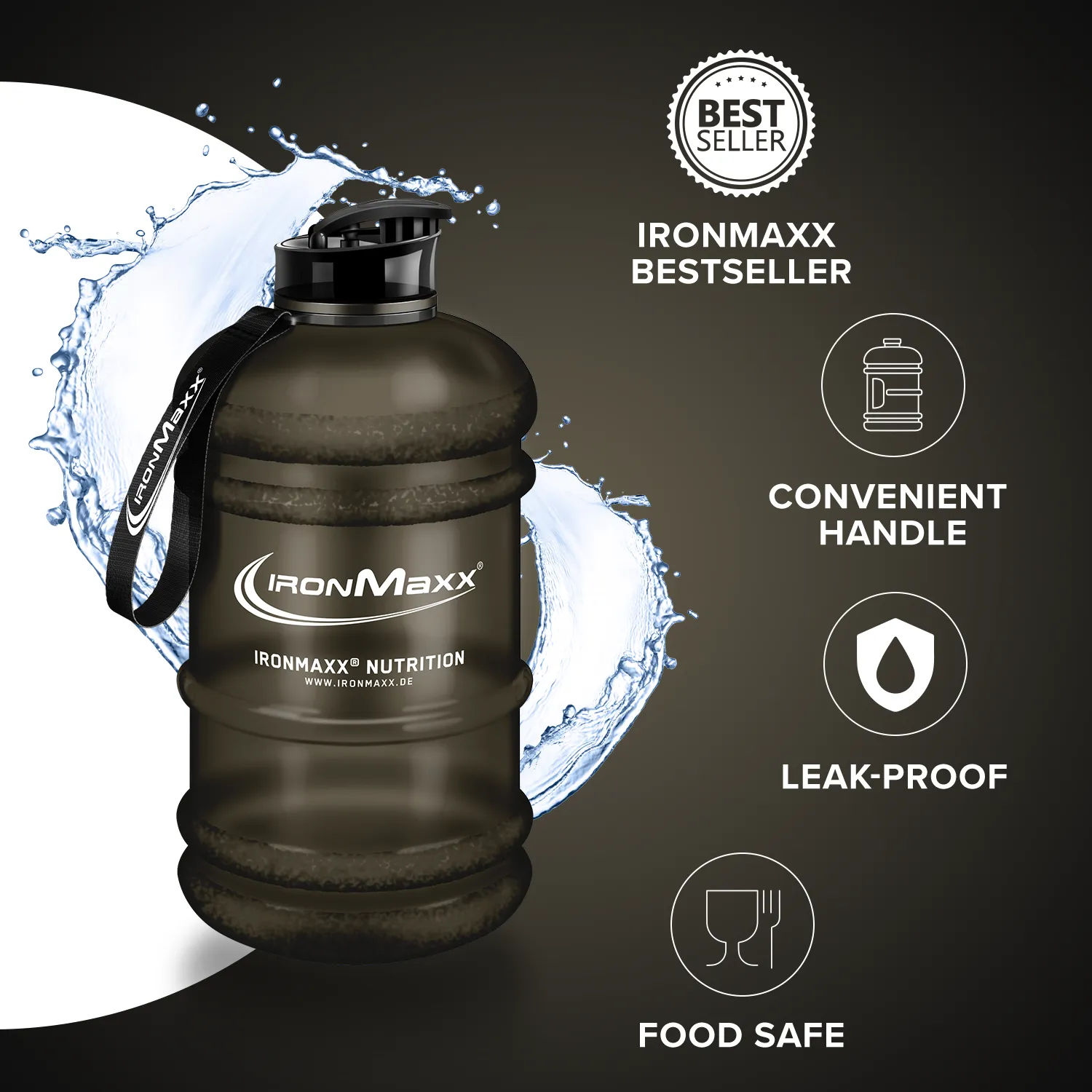 IronMaxx Water Gallon 2200 ml Trinkflasche Matt Schwarz BPA-frei