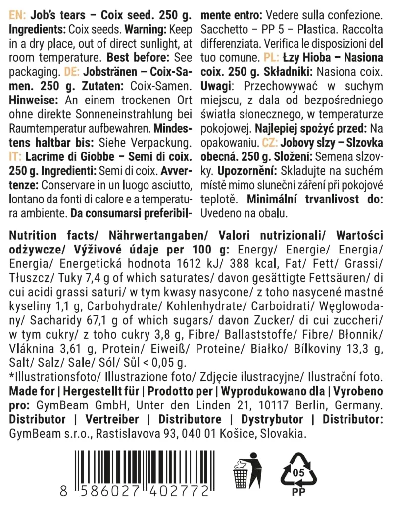 GymBeam Hiobstränen Coixsamen Superfood 250g glutenfrei