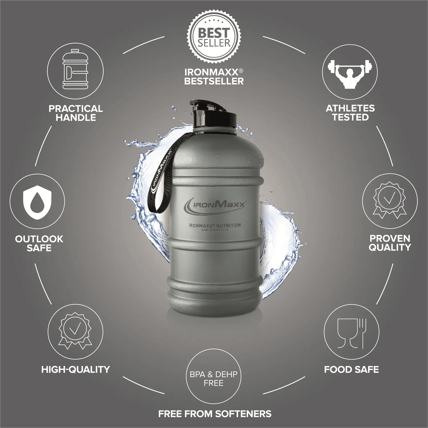 IronMaxx Water Gallon Trinkflasche Matt Solid Ash Grey 2200ml BPA-frei