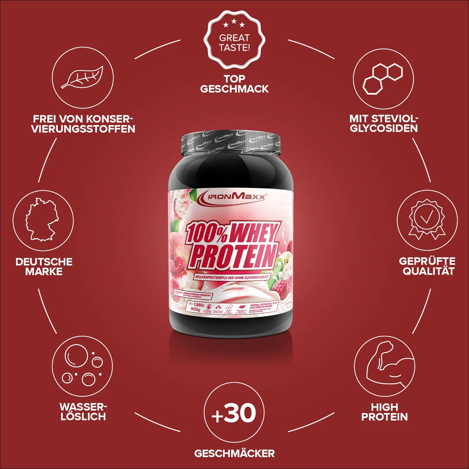 IronMaxx 100% Whey Protein 900g White Peach Raspberry fruchtig