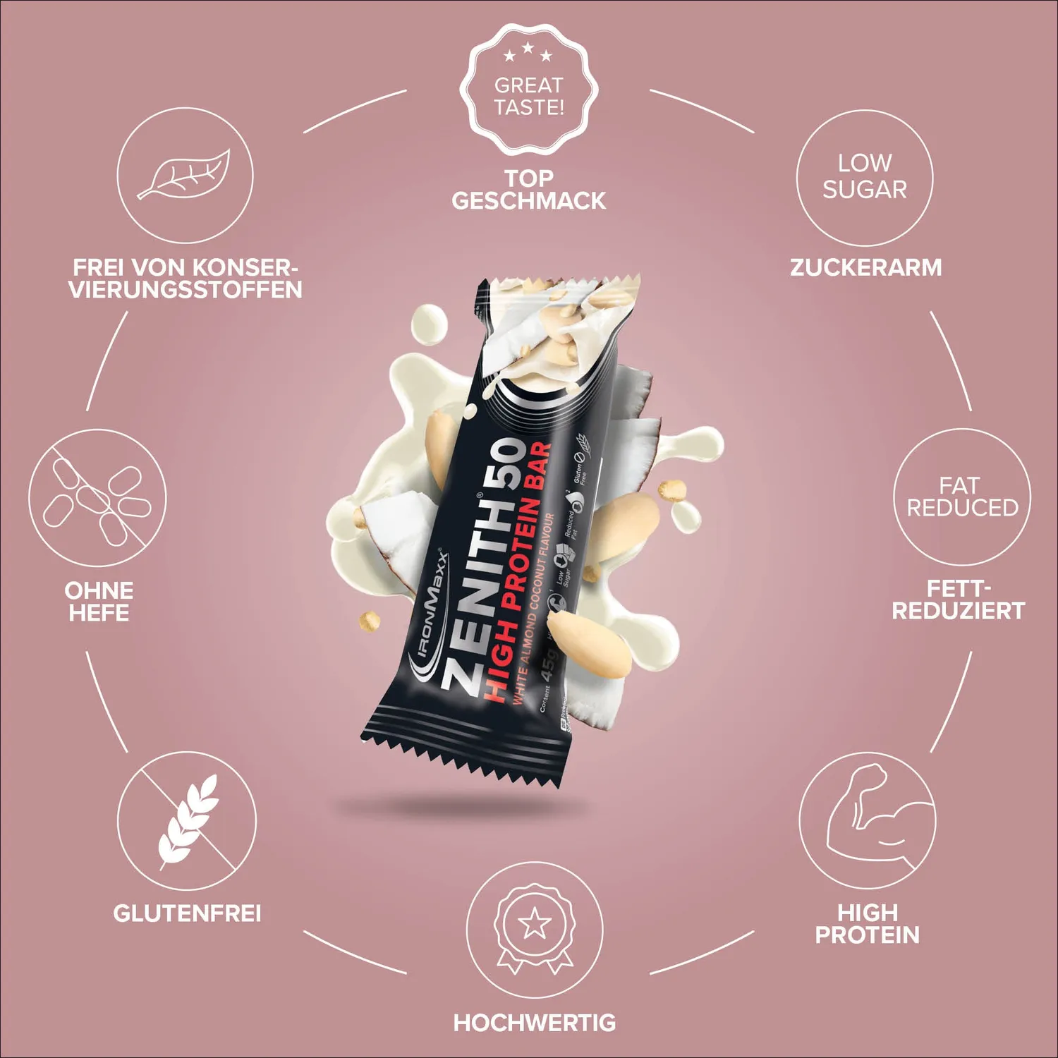 IronMaxx Zenith 50 White Almond Coconut Crisp Proteinriegel 45g 23g Protein