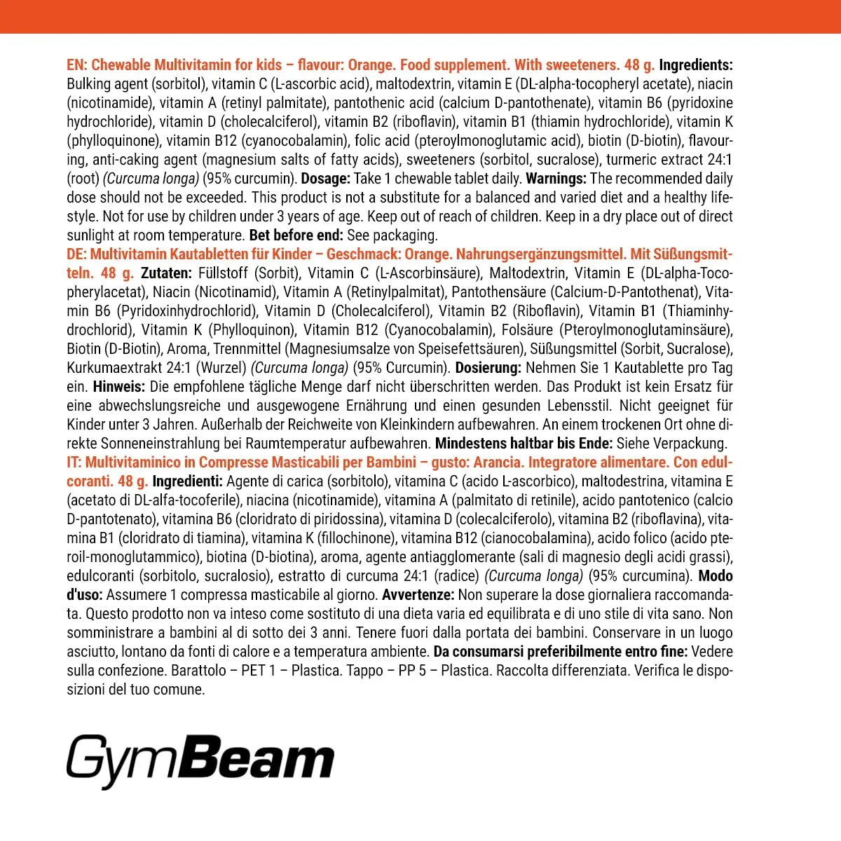 GymBeam Multivitamin Kinder Kautabletten 120 Tabs mit Kurkuma