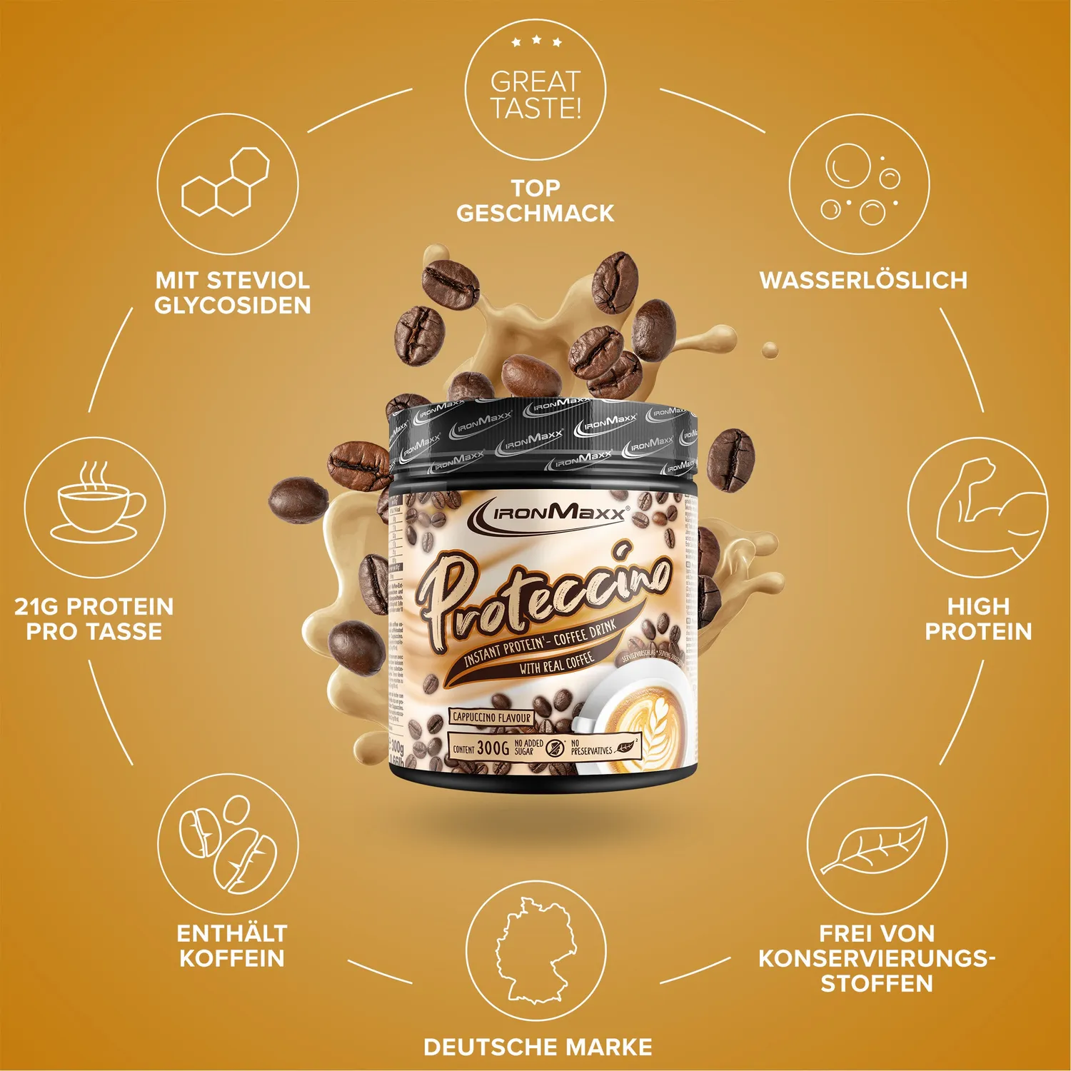 IronMaxx Proteccino Cappuccino Proteinpulver 300g mit Koffein