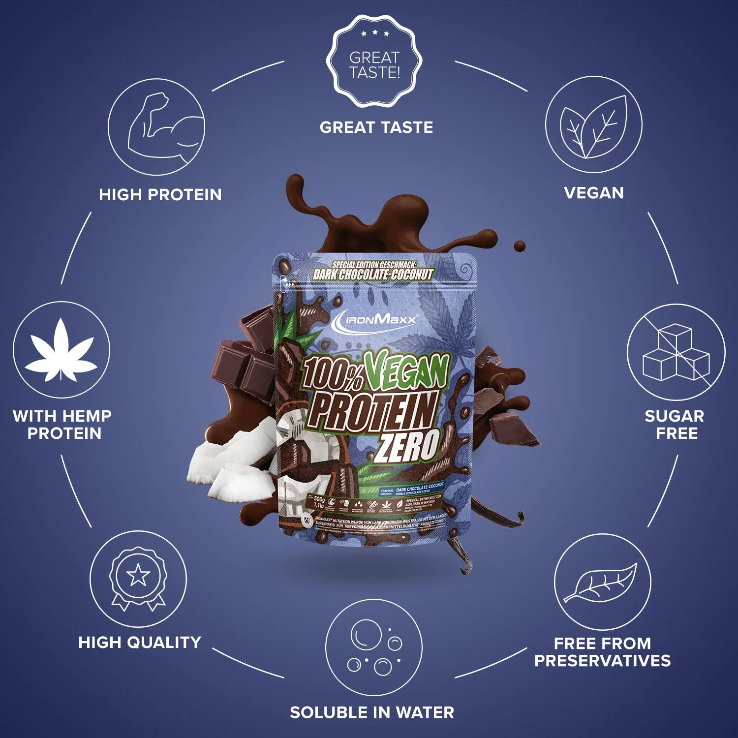 IronMaxx 100% Vegan Protein Zero Pulver Dark Chocolate Coconut 500g