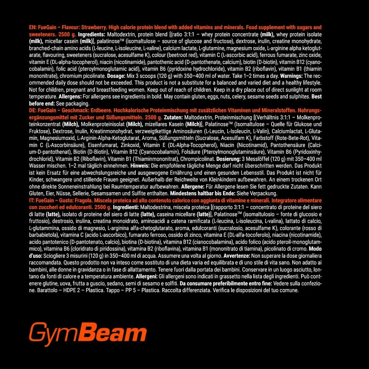 GymBeam FueGain Mass Gainer Erdbeere 2500 g Protein