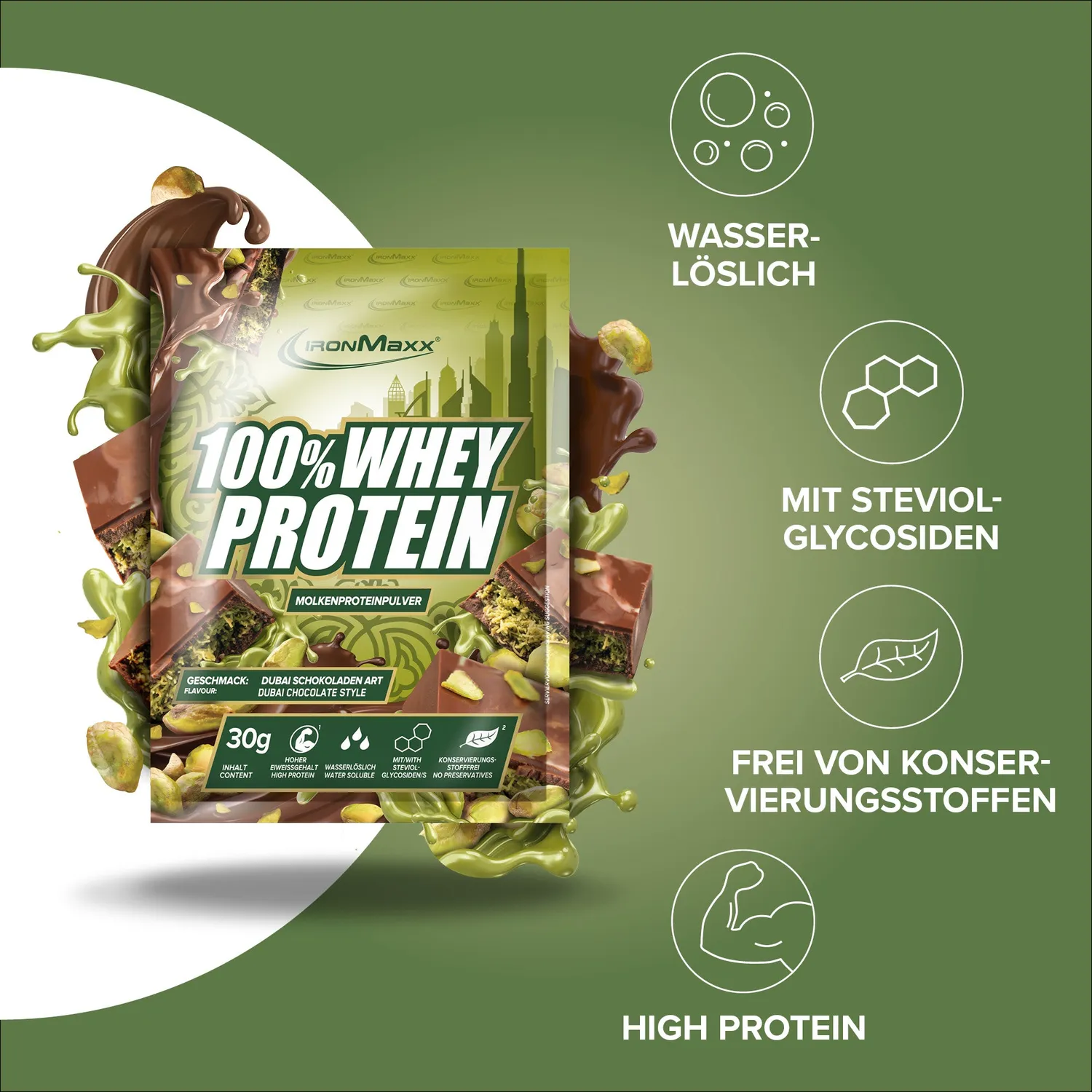 IronMaxx 100% Whey Protein Pulver 30g Dubai Chocolate Style
