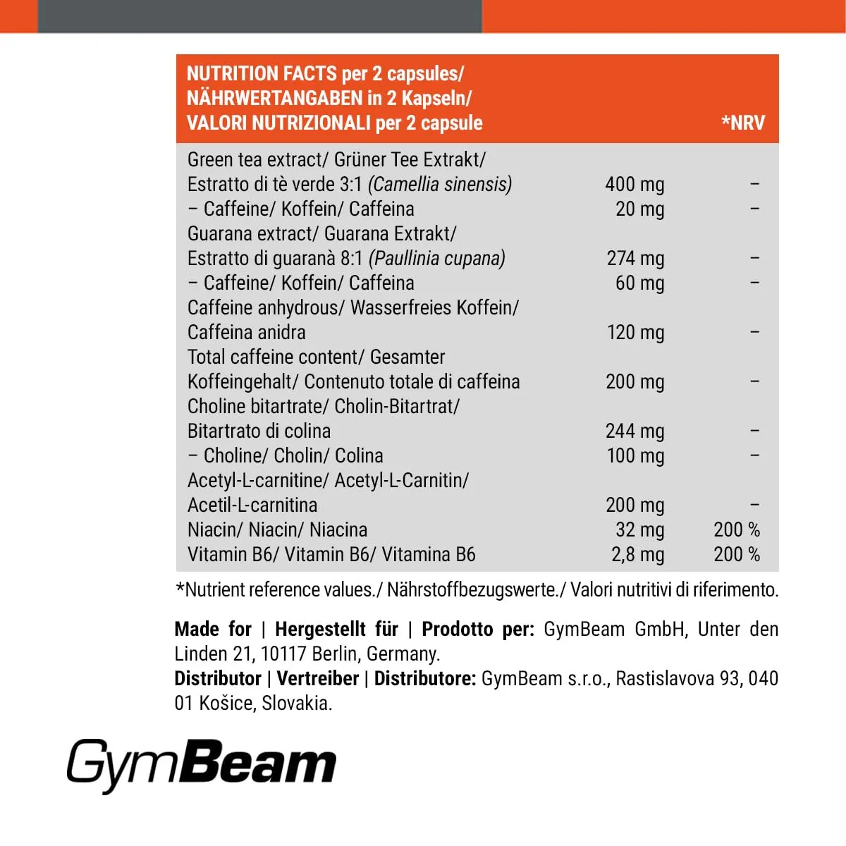 GymBeam Energy Kapseln Koffein Guarana 120 Caps vegan