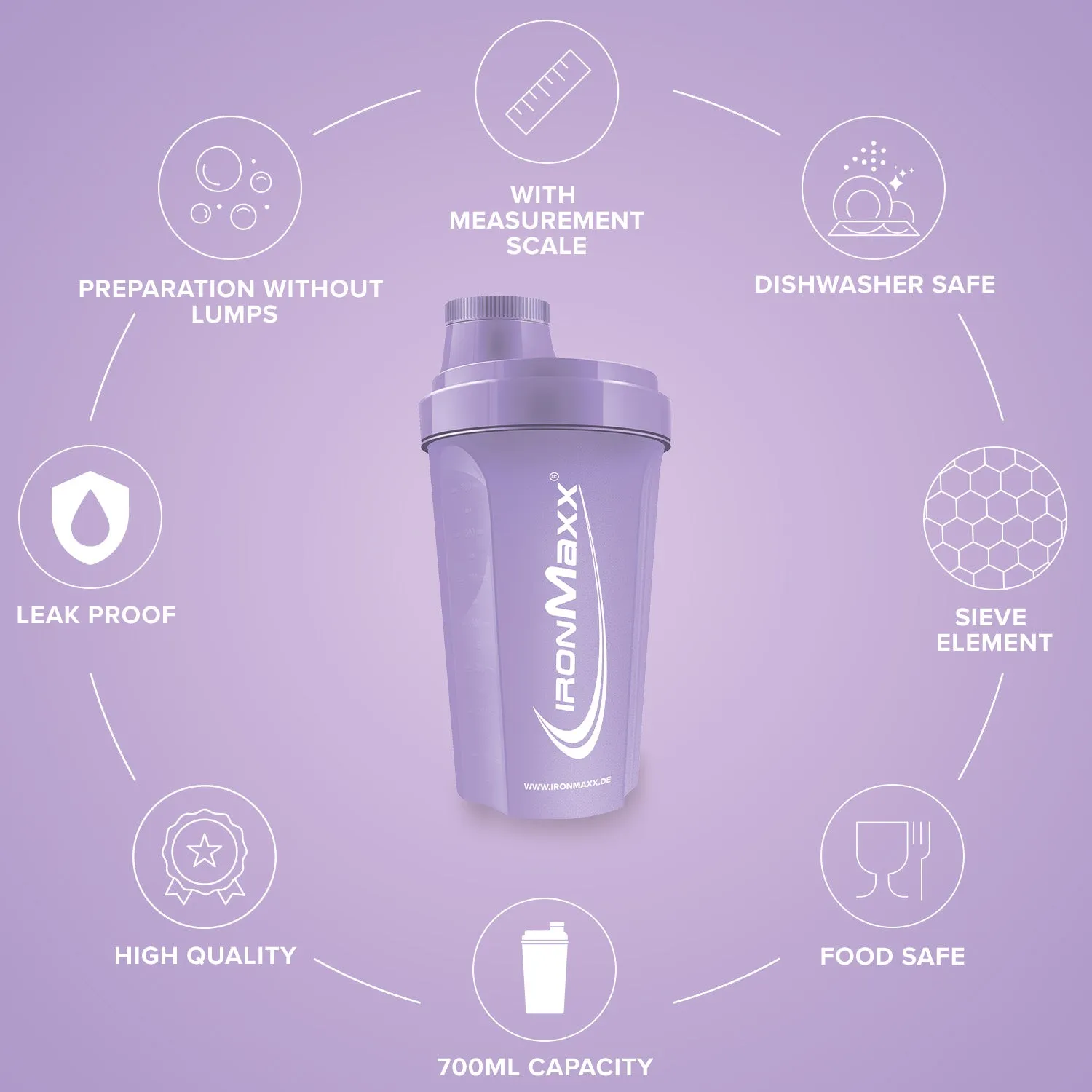 IronMaxx Shaker Lavender 700 ml BPA-frei mit Sieb
