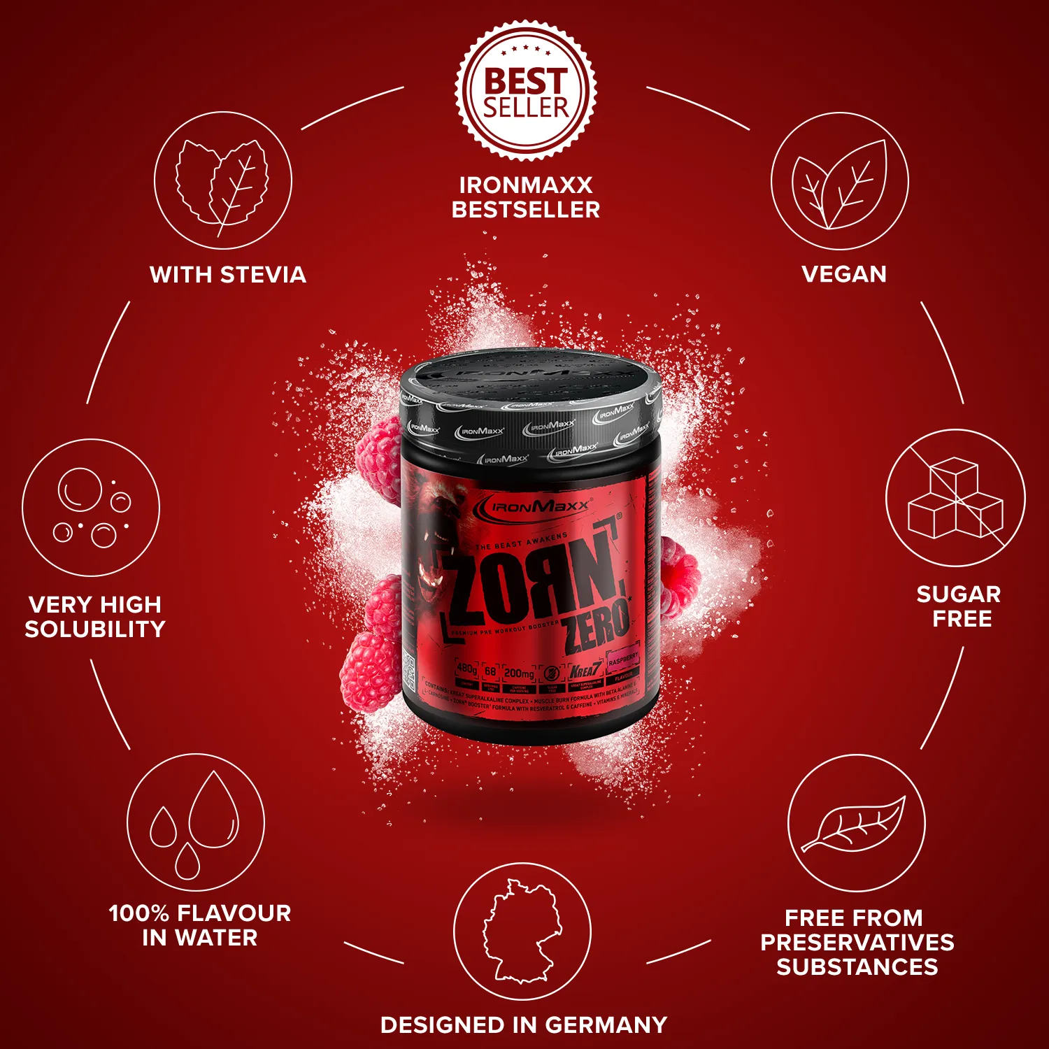 IronMaxx Zorn Pre-Workout Booster Himbeere 480g zuckerfrei