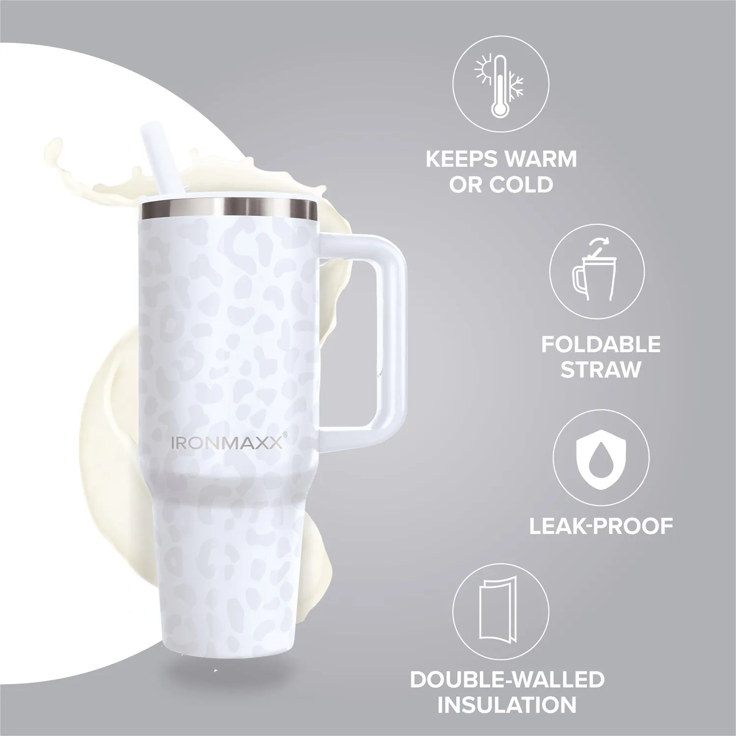 IronMaxx Cup V4.0 Trinkbecher 1200ml Leo-Style White Edelstahl