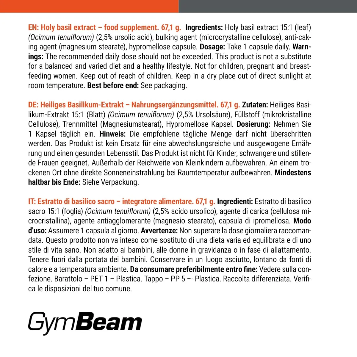 GymBeam Heiliges Basilikum Kapseln 90 Caps Tulsi
