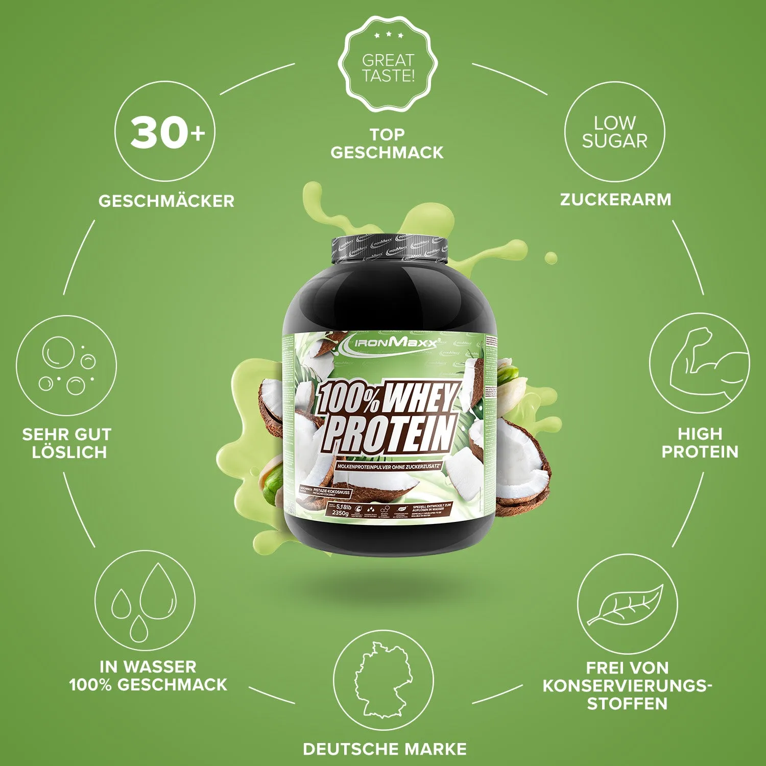 IronMaxx 100% Whey Protein Pulver 2350g Pistazie-Kokos zuckerfrei