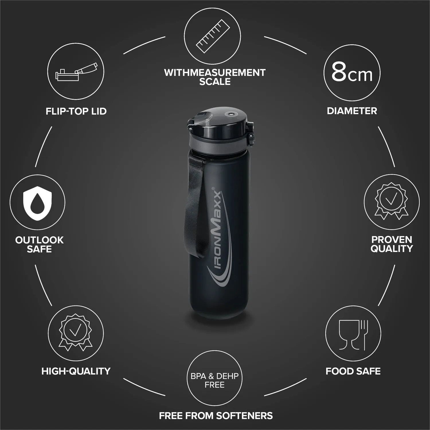 IronMaxx Sport Water Bottle Trinkflasche 1000ml Deep Black BPA-frei