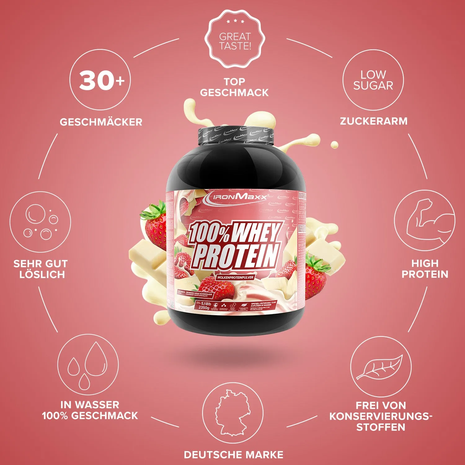 IronMaxx 100% Whey Proteinpulver 2350g Weisse Schoko-Erdbeere zuckerfrei