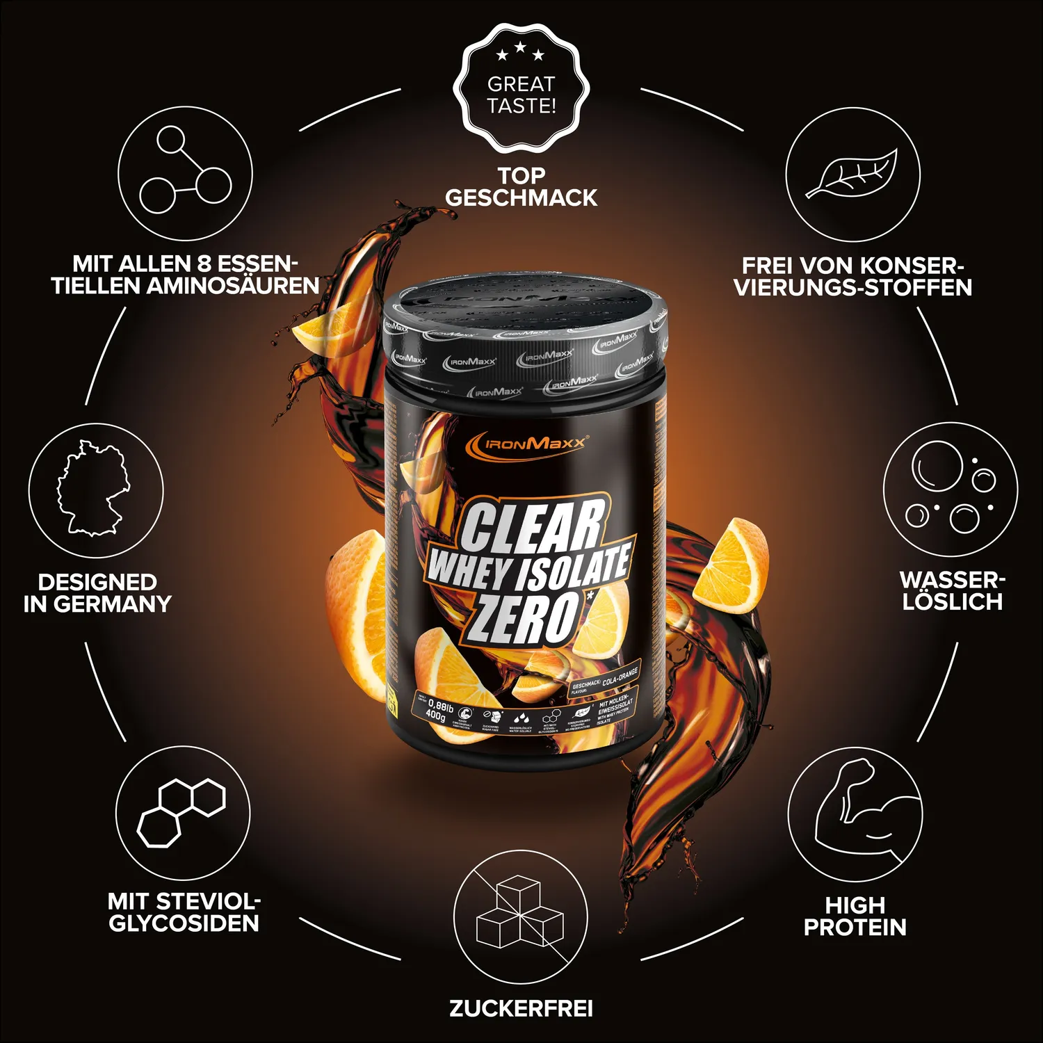 IronMaxx Clear Whey Isolate ZERO Cola Orange 400g zuckerfrei