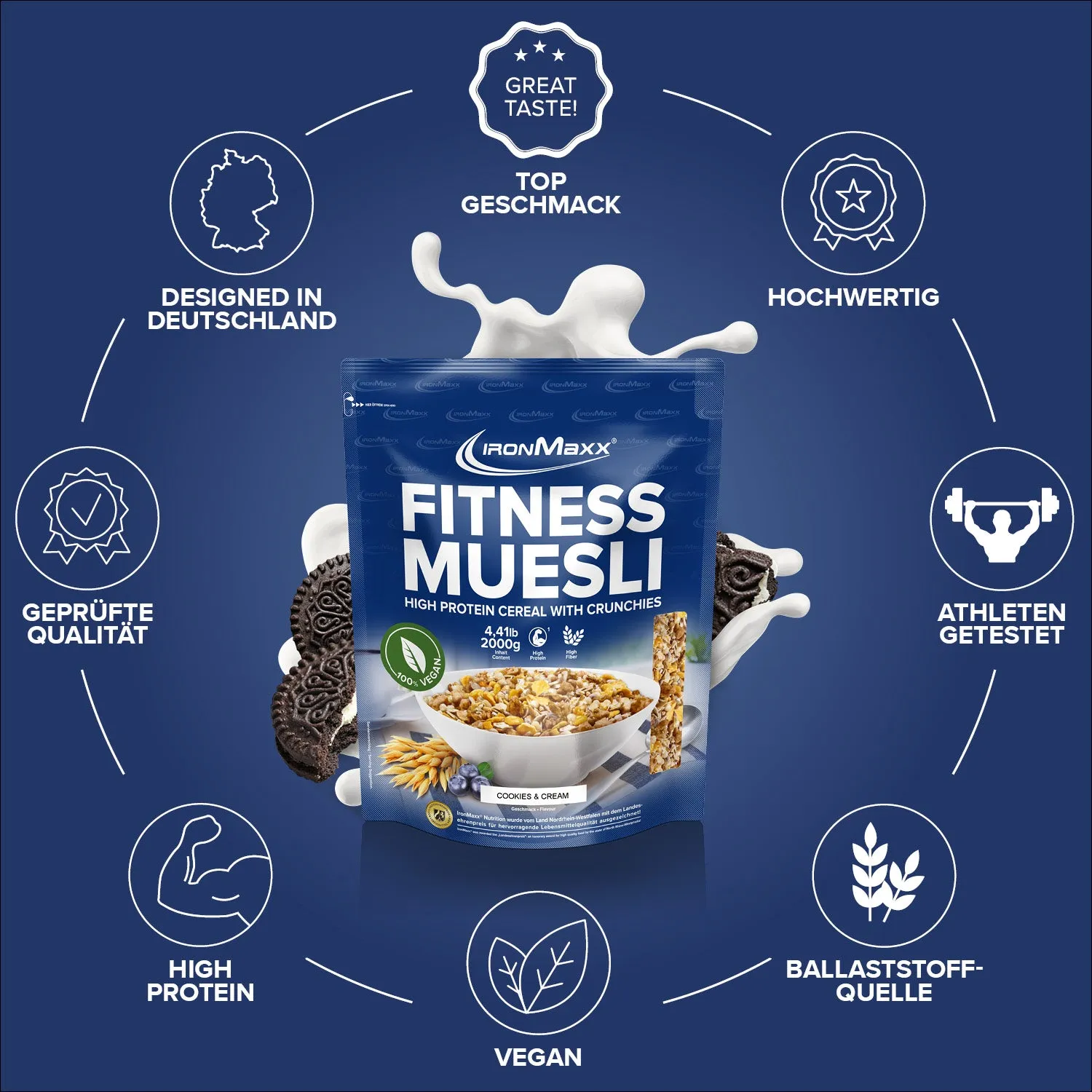 IronMaxx Fitness Müsli High Protein Bowl 2000g Cookies & Cream vegan