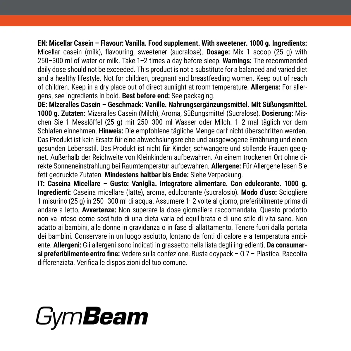 GymBeam Mizellares Kasein Proteinpulver 1000 g Erdbeere