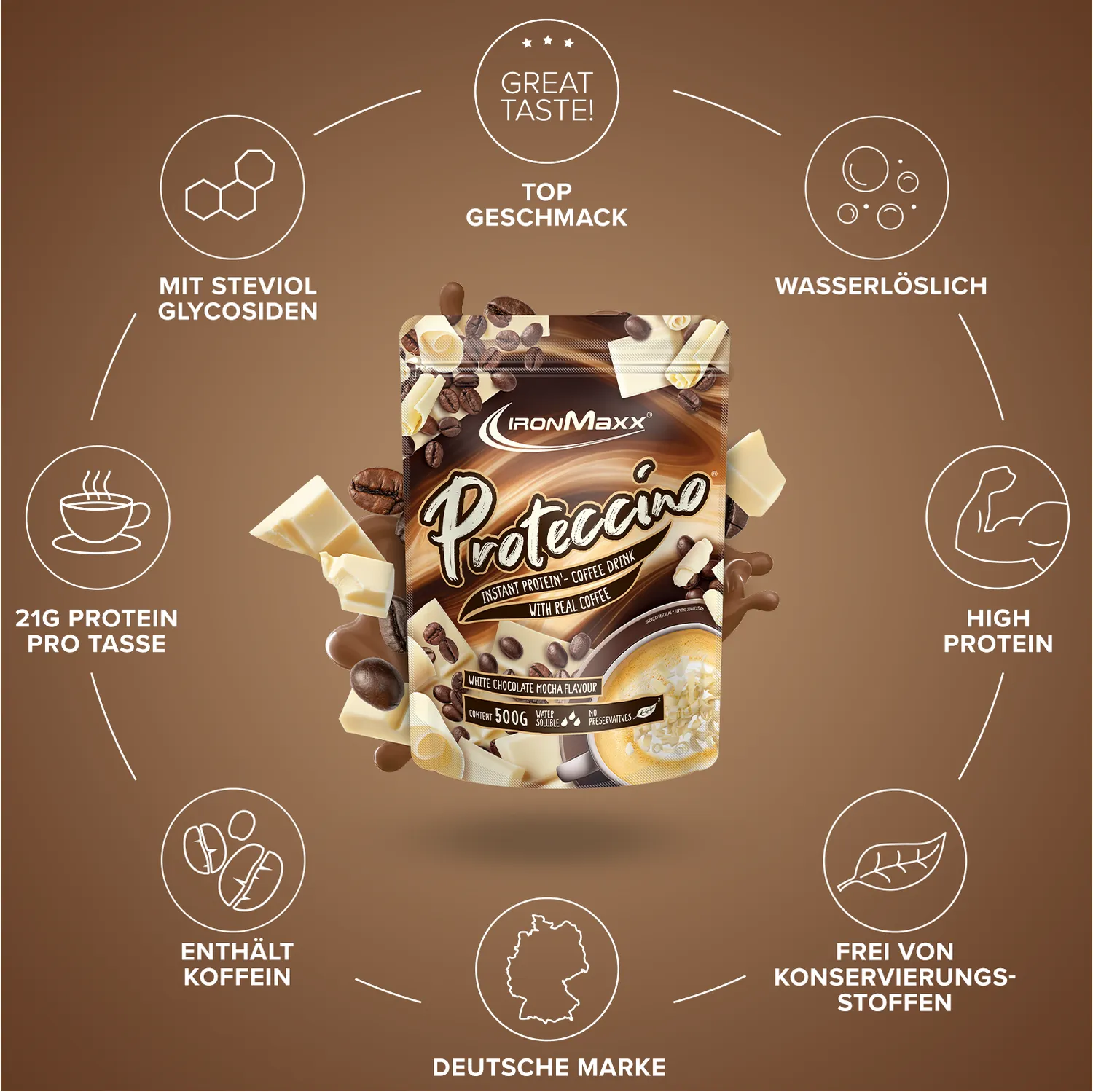 IronMaxx Proteccino Proteinpulver White Chocolate Mocha 500g