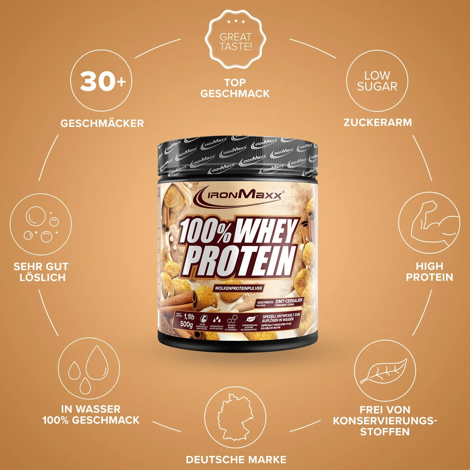 IronMaxx 100% Whey Protein Cinnamon Cereal 500g zuckerfrei