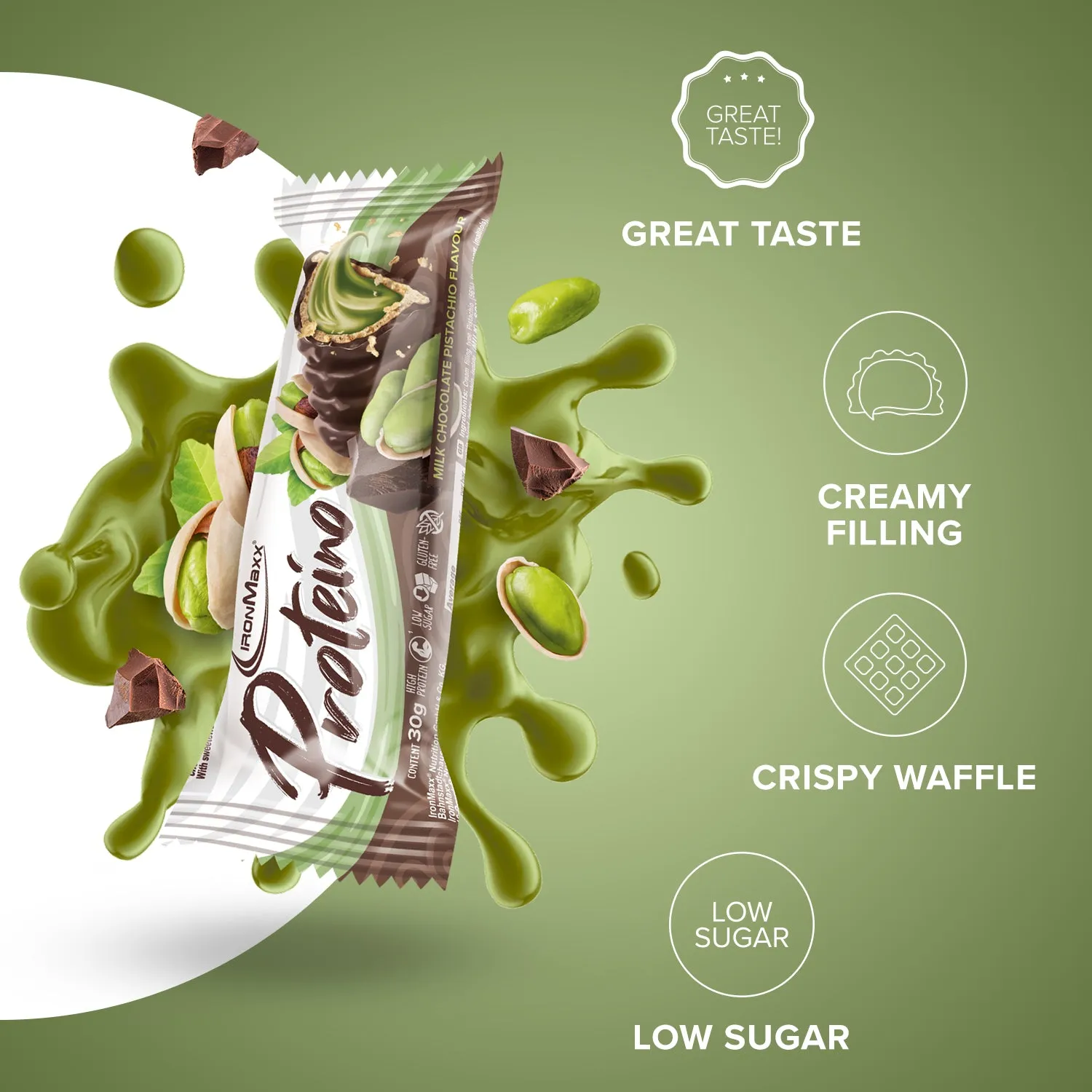 IronMaxx Proteino Milk Chocolate Pistachio Proteinriegel 12x30g