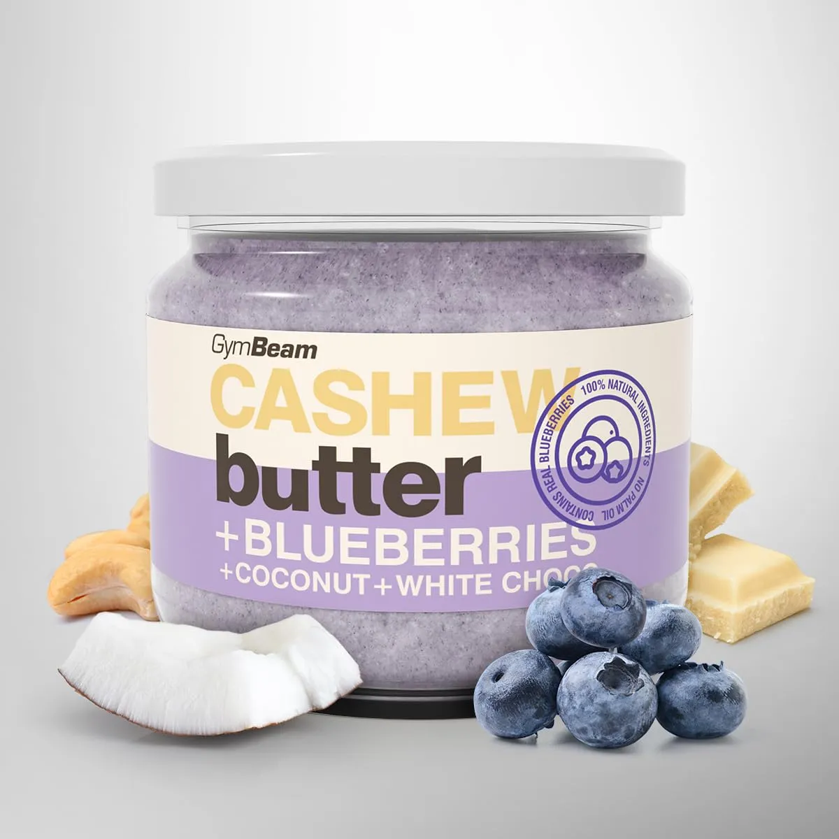 GymBeam Cashewbutter Kokos weiße Schokolade Blaubeere 340g