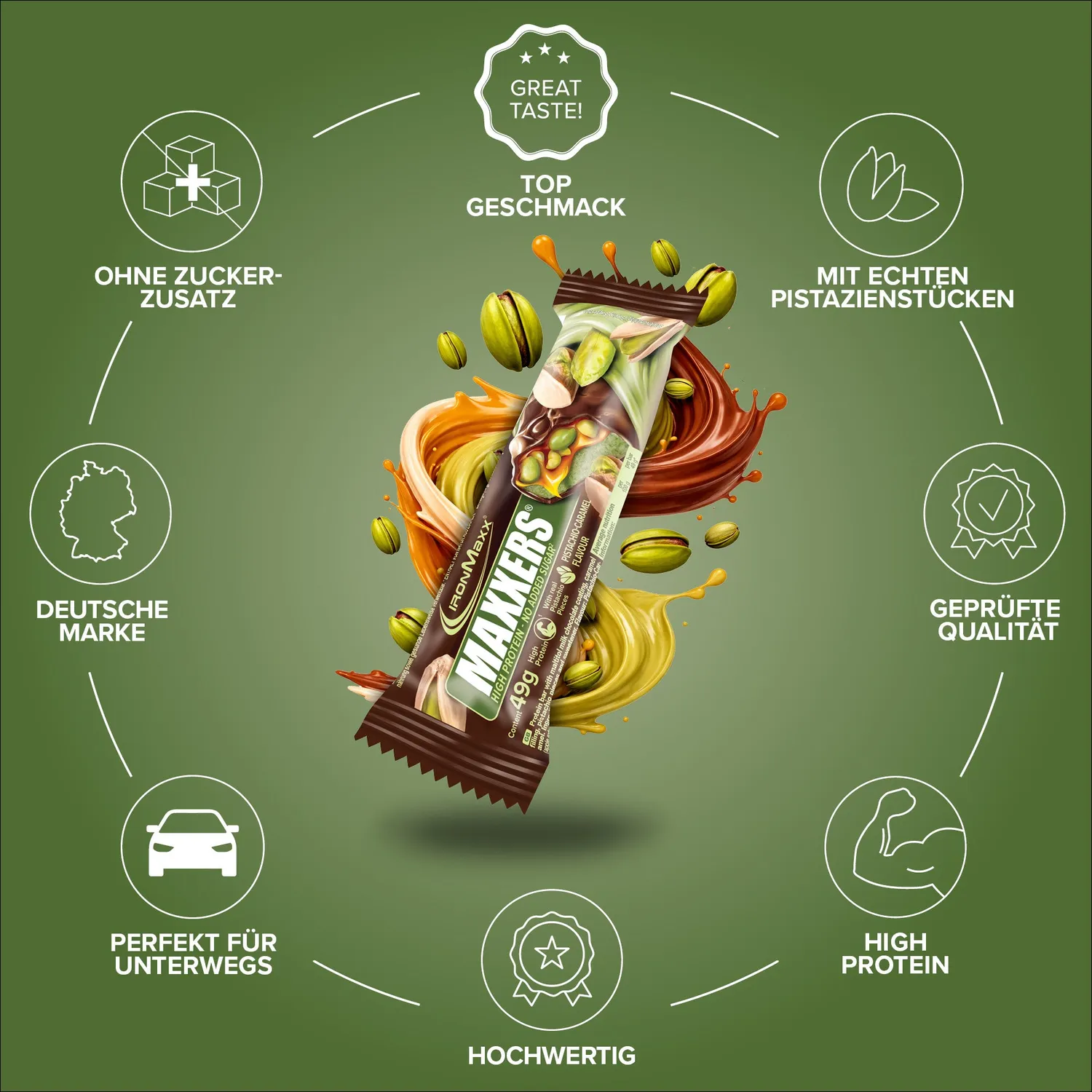 IronMaxx Maxxers Proteinriegel 49g Milk Choc Pistachio Caramel 13g Protein