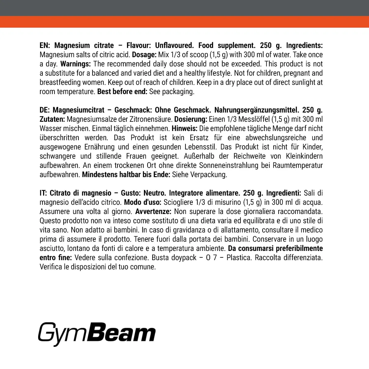 GymBeam Magnesiumcitrat Pulver 250 g löslich