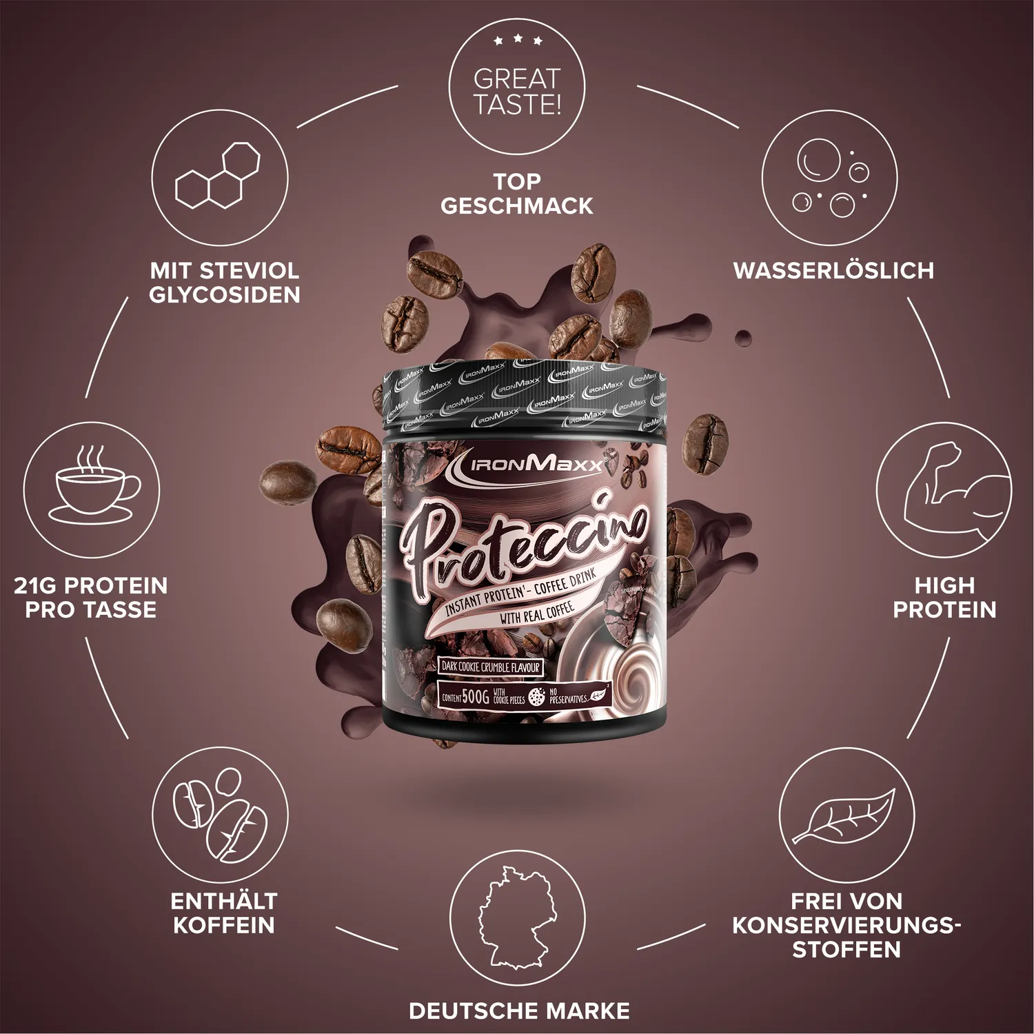 IronMaxx Proteccino Dark Cookie Crumble Protein Pulver 500g Kaffee