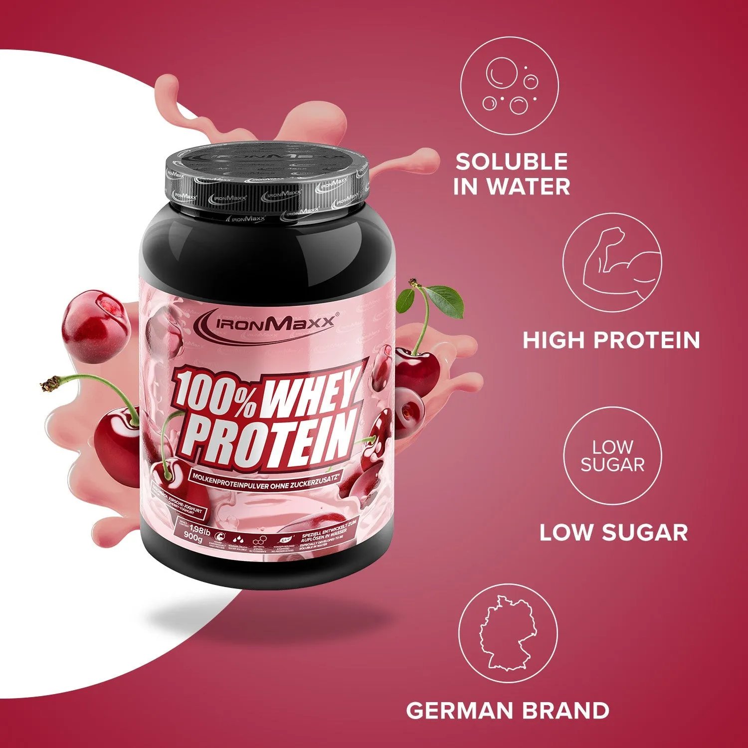 IronMaxx 100% Whey Protein Pulver Kirsche Yoghurt 900g zuckerfrei
