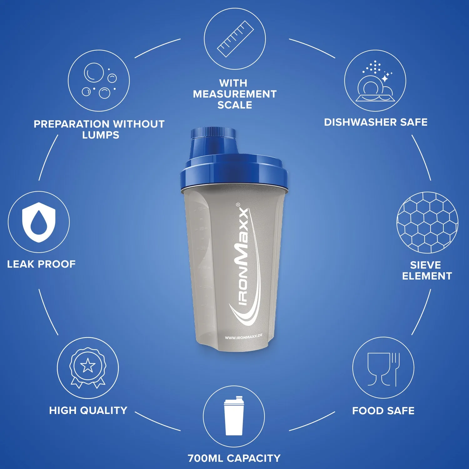 IronMaxx Shaker Transparent-Blau 700ml BPA-frei mit Sieb